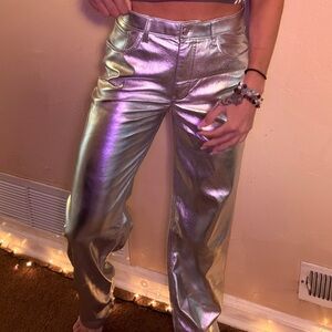Abercrombie & Fitch Shimmering Metallic Foil Silver High Rise Pants Trousers